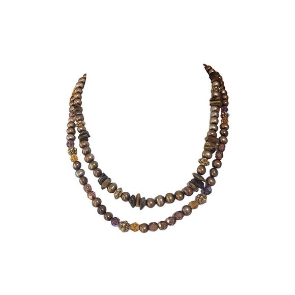 Maya Genuine Copper Pearl, Tiger's Eye Chip, & Crystal Multilayer Necklace - Picture 2 of 5